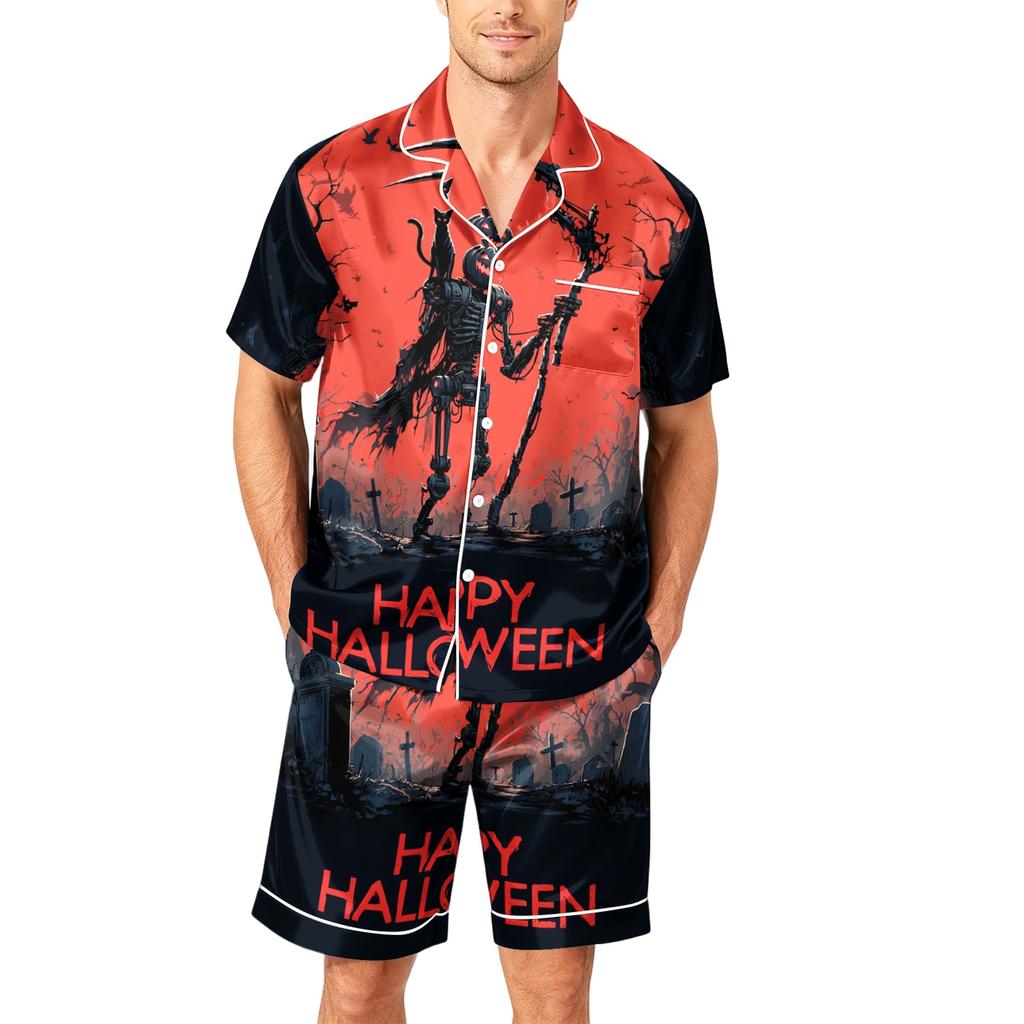 Men's Short Sleeve Pajama Set Button Down Shirt with Curved Hem and Matching Shorts Soft Casual Sleepwear S To XXXXL