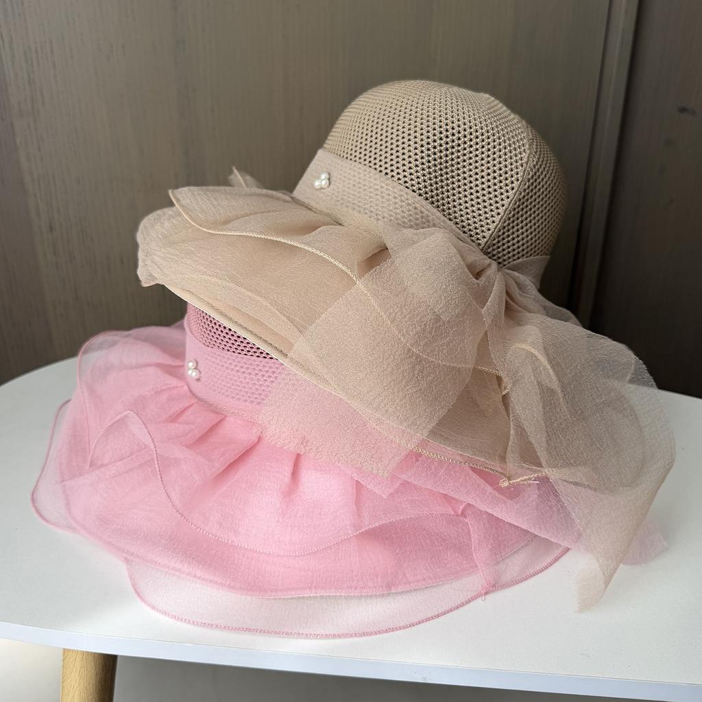 Spring and summer elegant sweet bucket hat women's big eaves mesh breathable sun hat sun protection face small beach sun hat