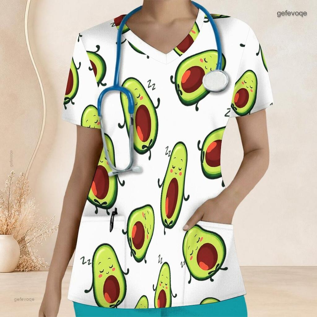 Women Plus Size Nurse Scrub Top V Neck Short Sleeve Cartoon Avocado Printed White With Front Pockets