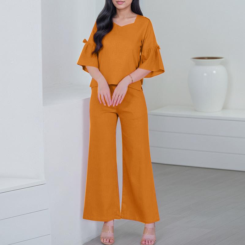 

ZANZEA Женская блузка с оборками, рукав 3/4 и брюки, повседневный костюм-двойка 5XL оранжевый