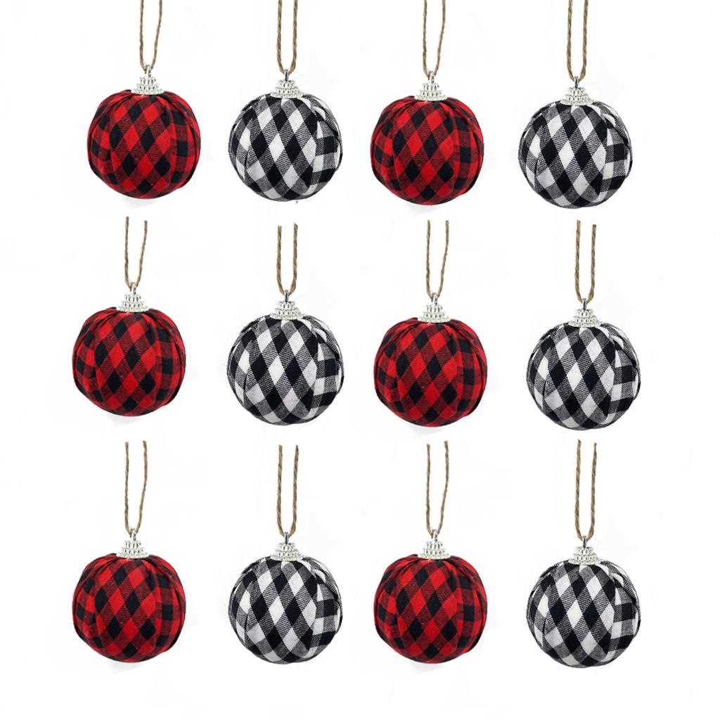 Fabric Xmas Ball Hanging Pendants Plaid Fabric Wrapped Hanging Balls for Holiday Decoration