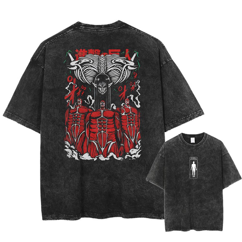 Anime Eren Yeager Muster Gewaschenes T-Shirt, Herren Comic Locker Geschnittenes T-Shirt, Gewaschene Baumwolle Trendige Marke Herren T-Shirt