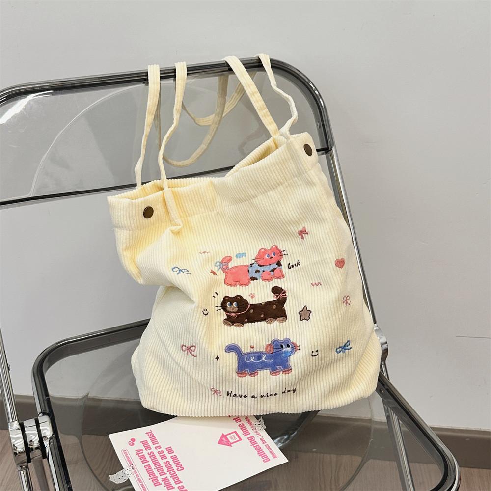 Stylish Embroidered Cartoon Dog And Cat Corduroy Shoulder Bag For Everyday Use