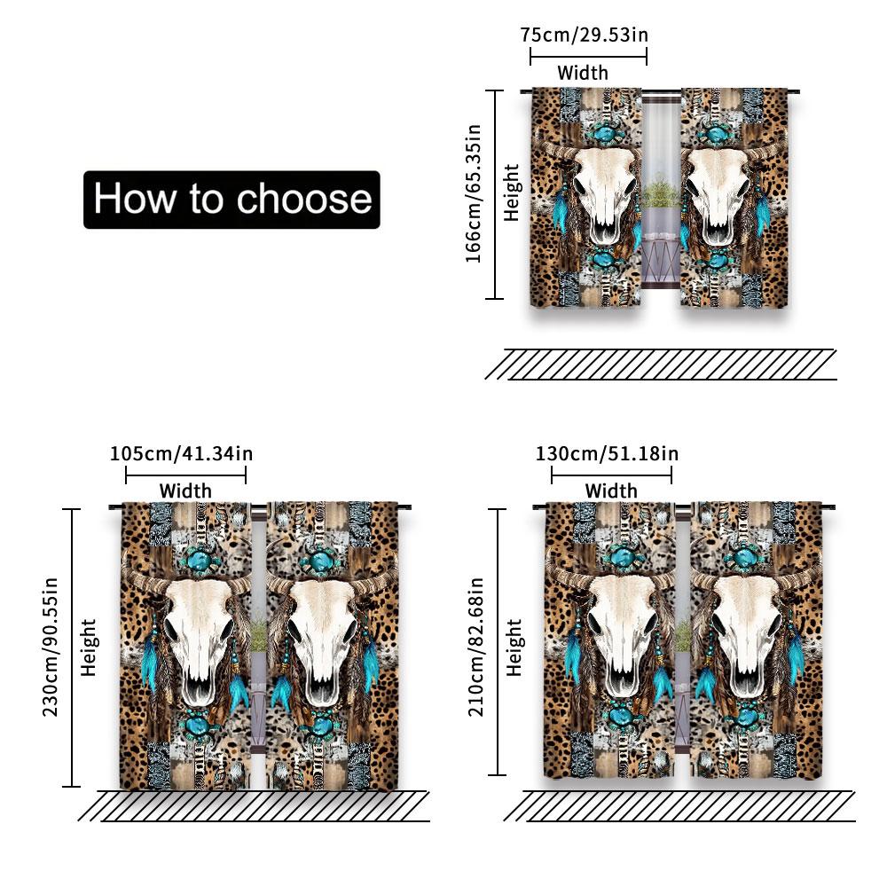 2Pcs Bohemian Chic Gemstone Cow Skull Leopard Printed Curtains Vintage Medieval Inspired For Bedroom Kitchen Dining Room Living