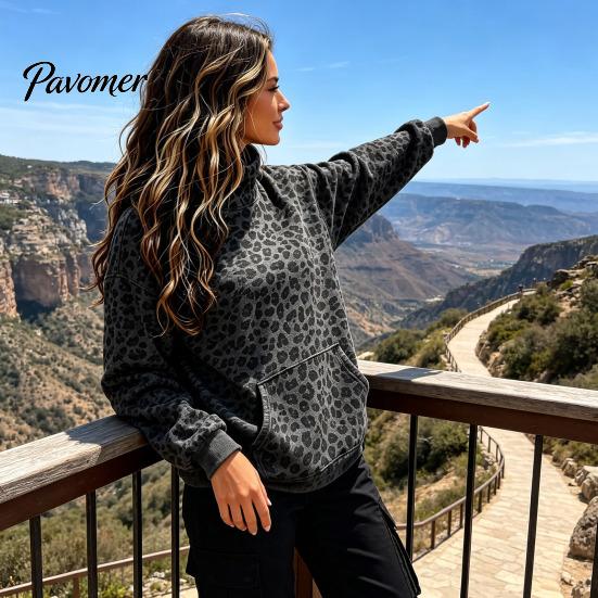 Warm Fall Clothing Women Leopard Print Sweatshirt, Mock Neck Long Sleeve Pullover with Sweatshirt Kangaroo Pocket, Drop Shoulder Casual Top for Winter