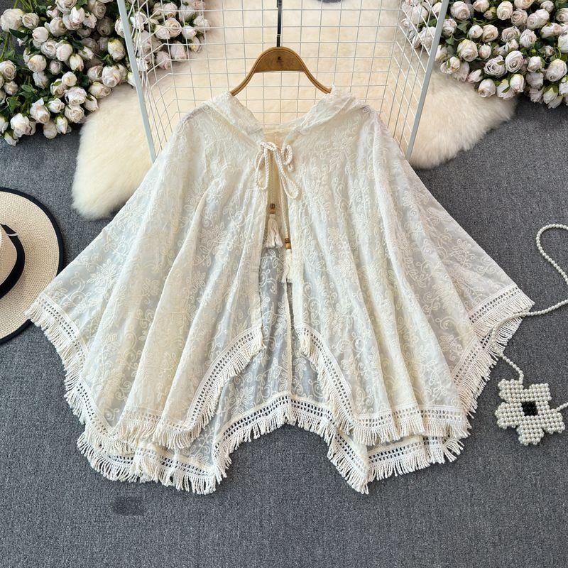 

Милые толстовки с капюшоном для женщин 2025 Весна Новое поступление Классический бежевый Вышивка Кисточка Шаль Кейп Кардиган Верхняя одежда Apricot color One size