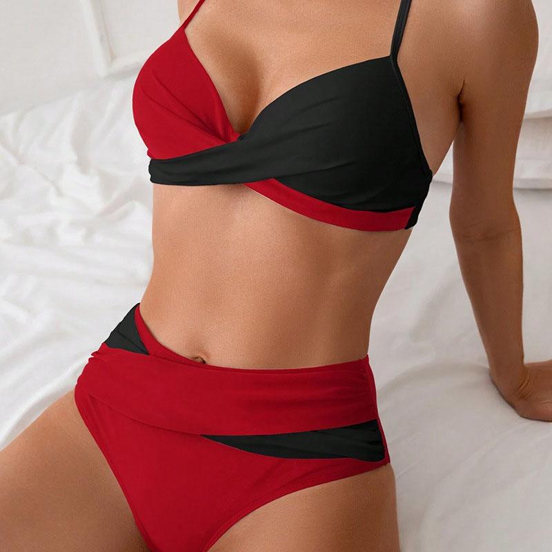 

Новый женский купальник бикини комплект ребристый витой цветной блок сексуальный двухсекционный купальный костюм купальники L красный