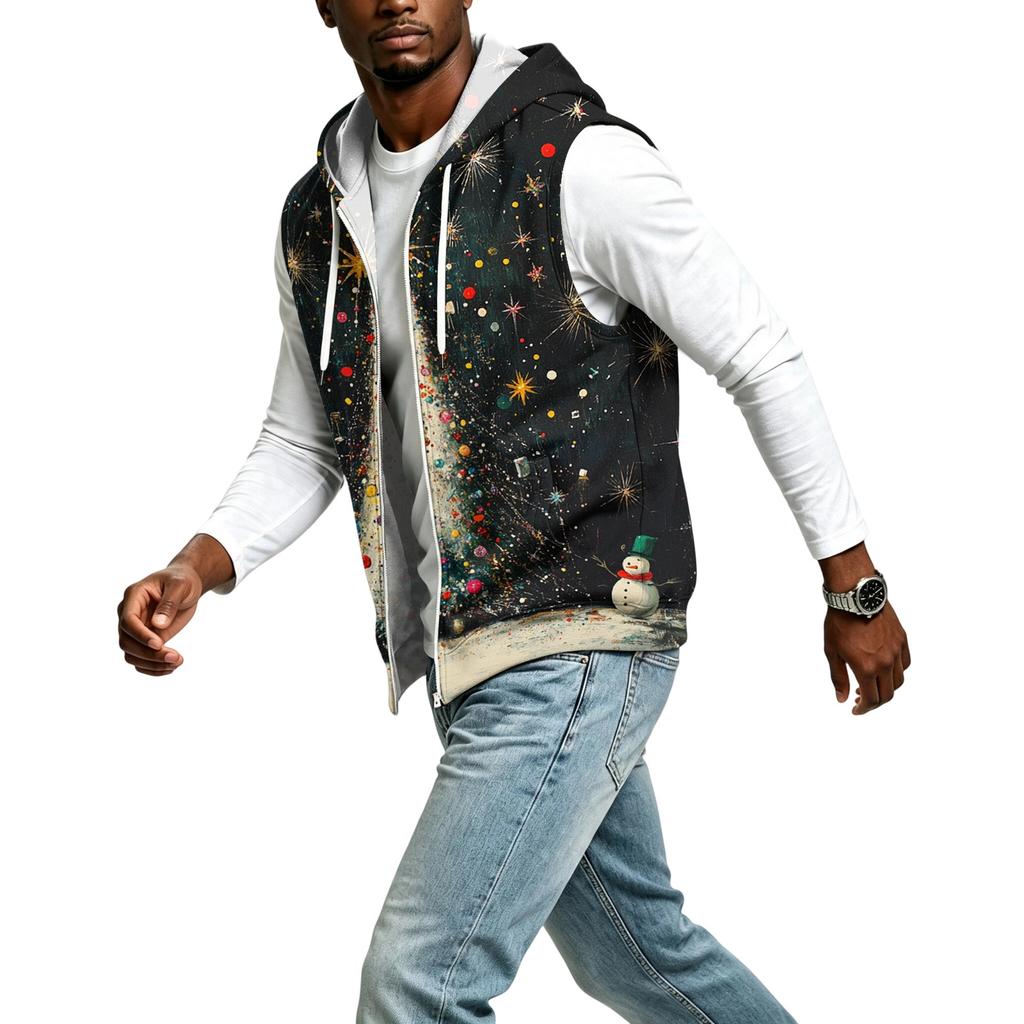 Men's Hooded Sleeveless Zip Up Vest with Christmas Print Casual Holiday Celebration Outfit