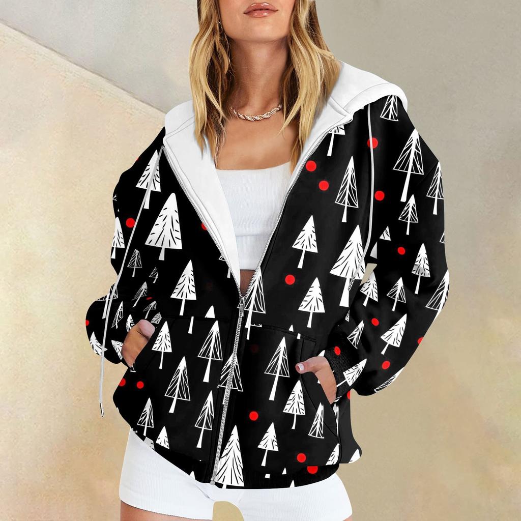 Ladies Fashion Casual Christmas Print Sweatshirt Autumn Winter Long Sleeve Cardigan Jacket With Pocket Zipper Hoodie Jacket