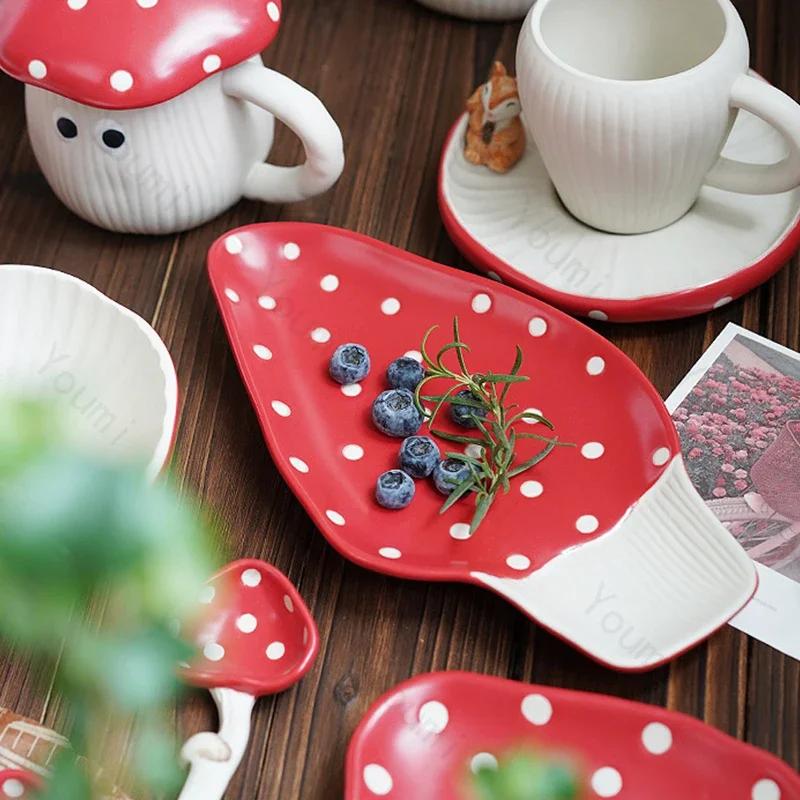 Cute Red Mushroom Ceramic Tableware Afternoon Tea Coffee Cup Tea Set Creative Cartoon Dessert Plates Home Exquisite Salad Bowls
