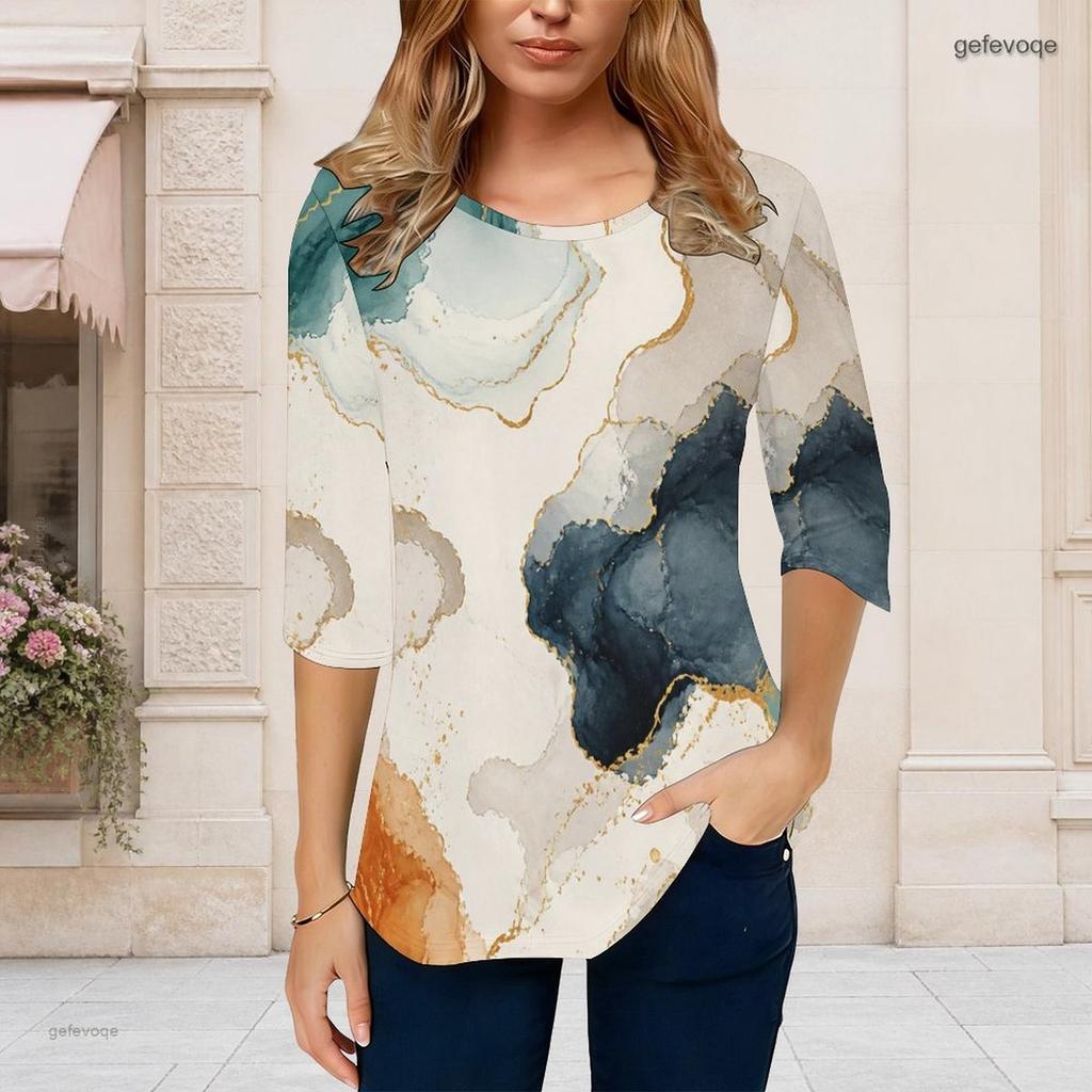 Women Plus Size Round Neck Half Sleeve Printed T Shirt Curved Hem
