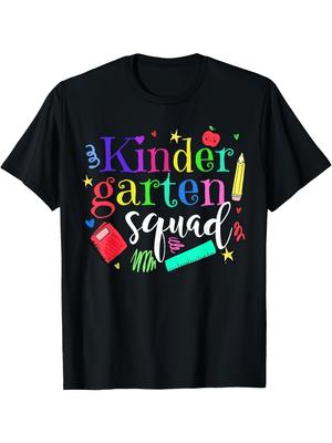 Kindergarten Squad Back To School TShirt for Teachers Colorful Graphic Print with School Supplies Design Loose Fit Round Neck Casual Comfort Machine W