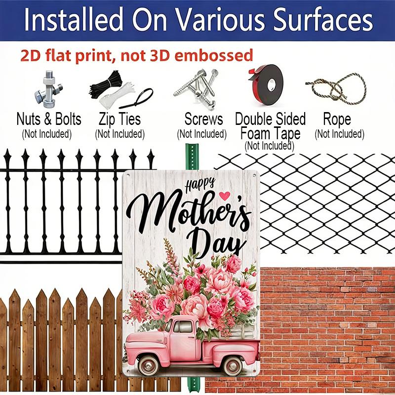 2D Flat, 1pc Pink Truck Floral Mother's Day Metal Wall Art Sign "Happy Mother's Day" - 8*12 Inch Aluminium Rustic Home Decor, Farmhouse Wall Art