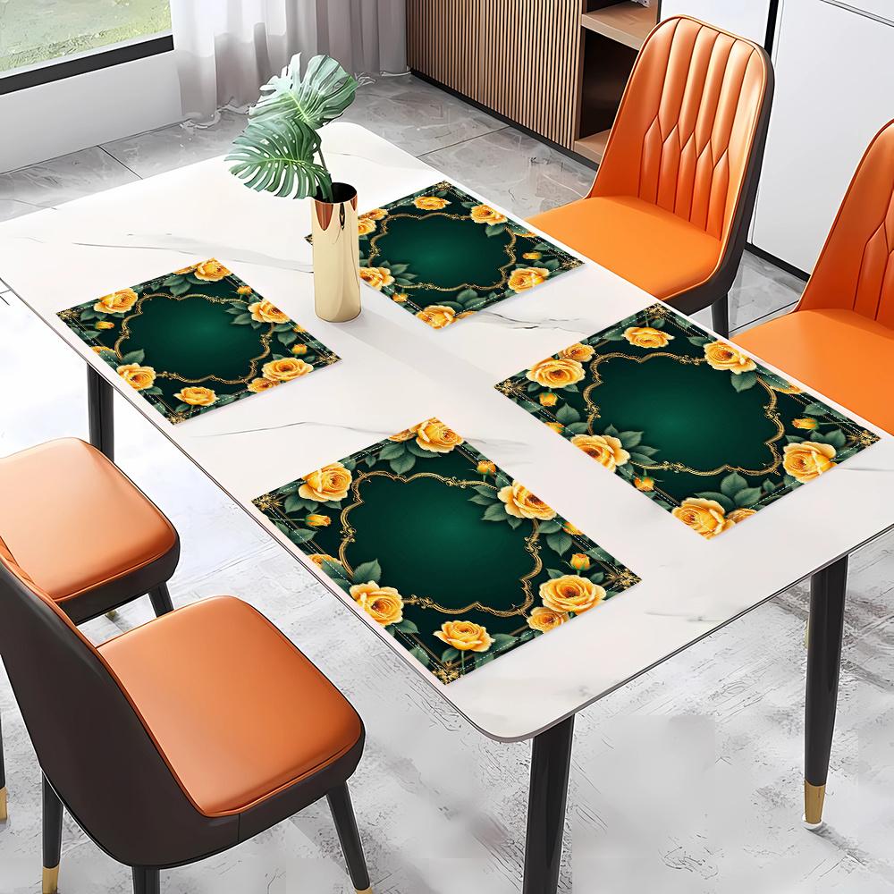 4pcs/6pcs Autumn Elements Thanksgiving Halloween Decorative Linen Placemats, Featuring a 2D Flat Pattern Print with Yellow Roses on a Green
