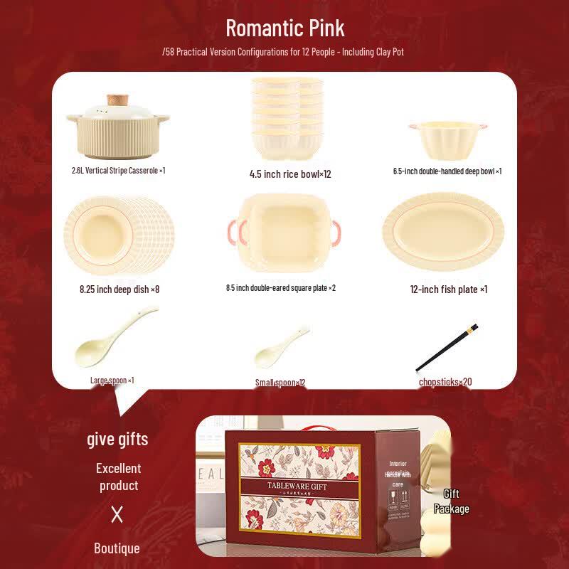 WUHE Romantic Pink 58-Piece Ceramic Dinnerware Set with Casserole