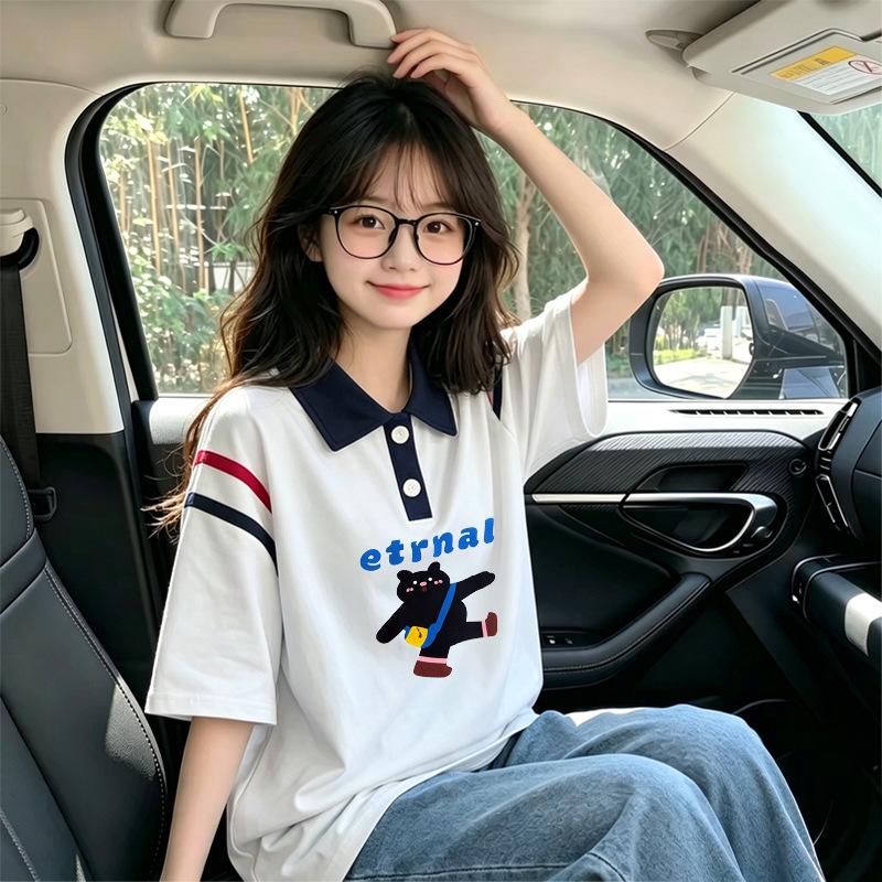 Girls' Stylish Patchwork Short-Sleeve Polo T-shirt - Summer Korean Style, Loose Fit, Cotton, Color Block Design, Medium to Large Sizes.