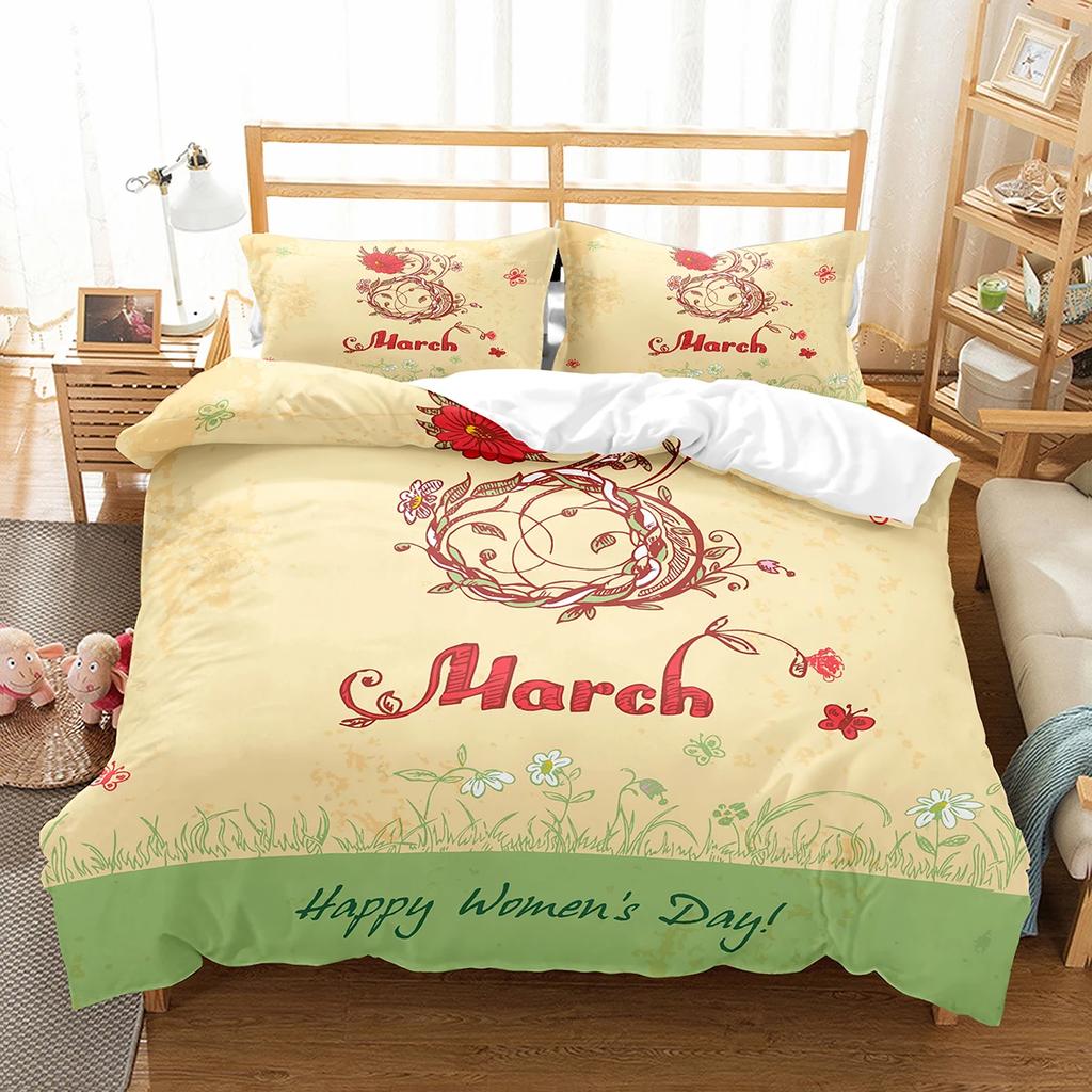 Comforter Romantic Floral Happy Women'S Day Bedding Set Polyester March 8 Comforter Single King Size For Mother Gift