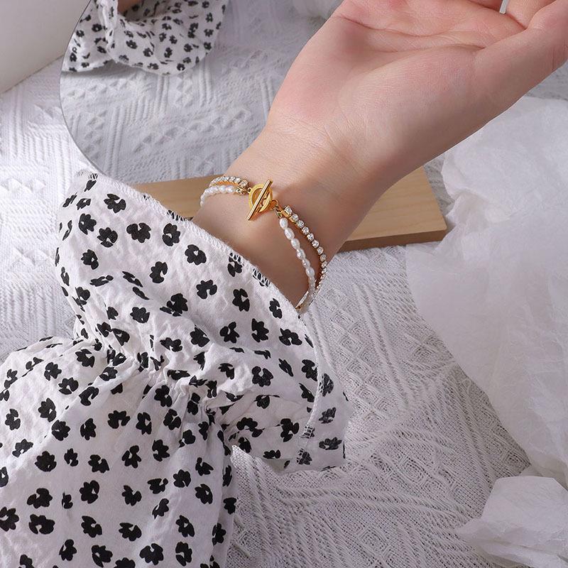 European Minimalist Double-Layer Titanium Bracelet with Freshwater Pearl and Cubic Zirconia