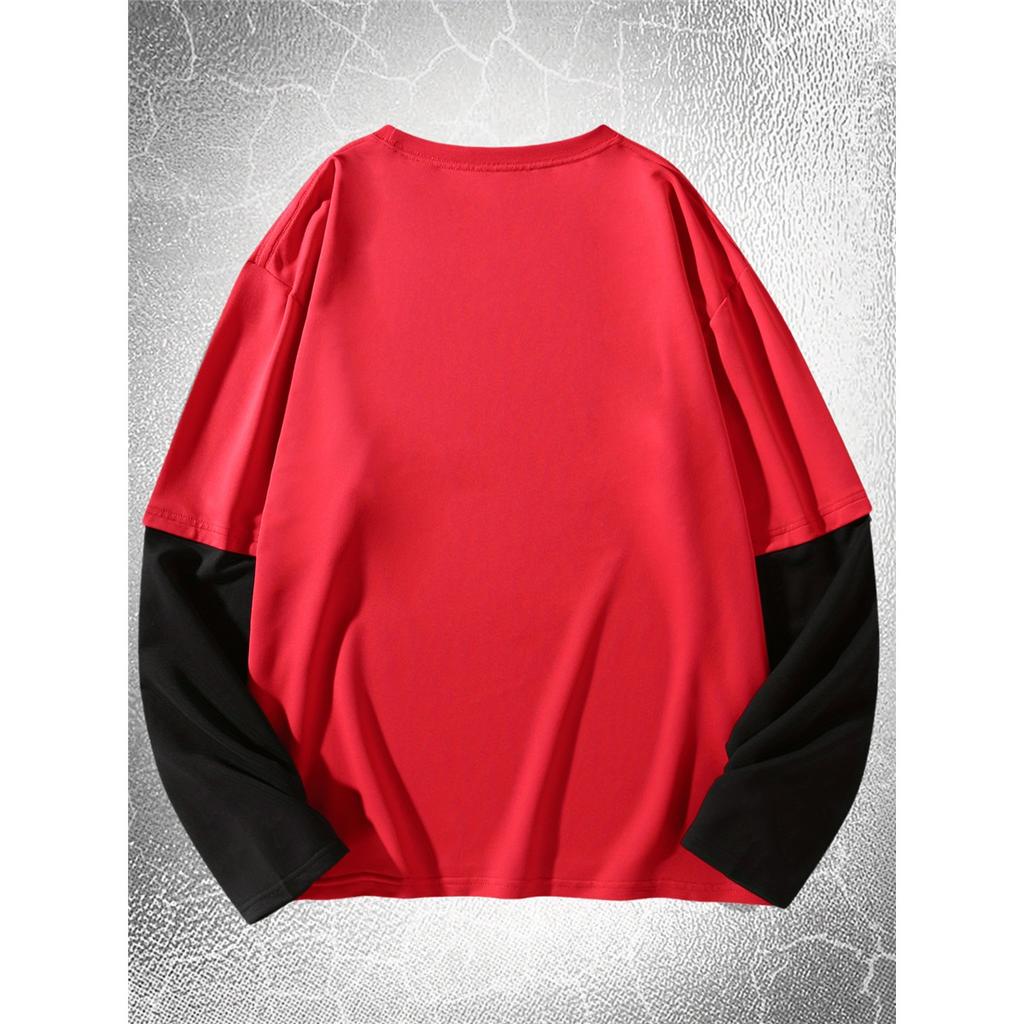 Print Pattern Loose Look Long Sleeve T-Shirt, Fashionable, Comfortable, and Versatile 2-in-1 Look Long Sleeve Top, Suitable for Various Occasions
