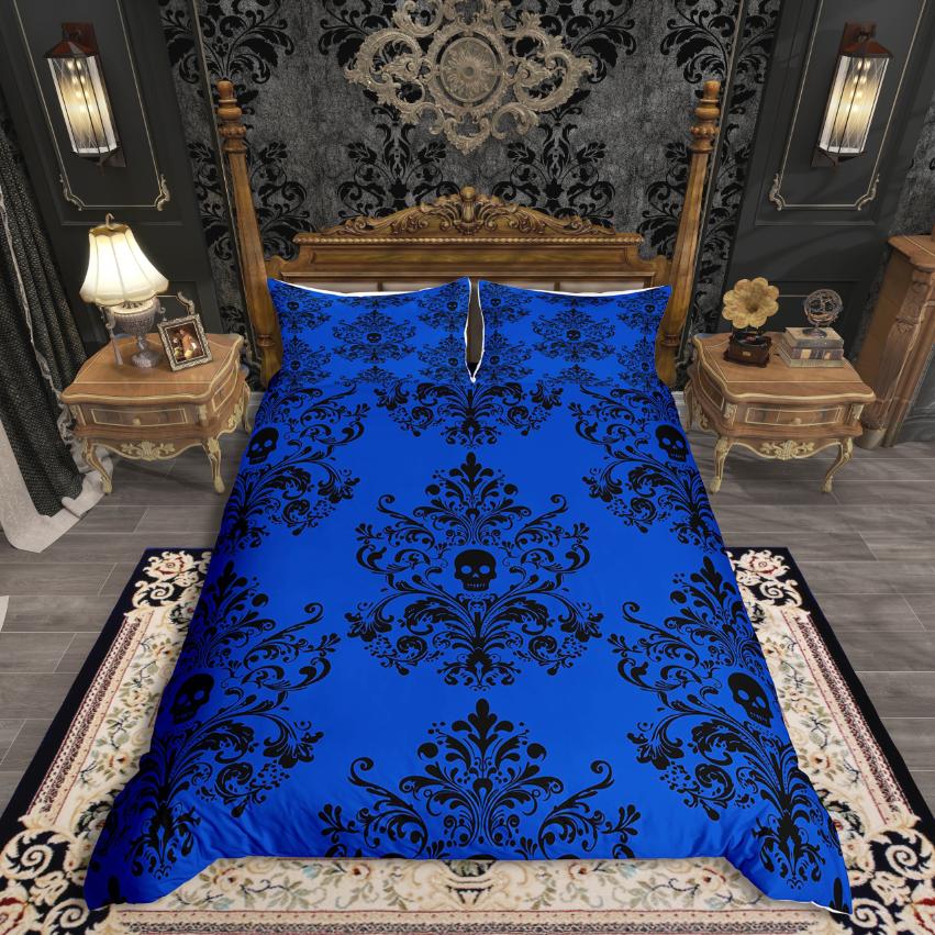 Homewish Vintage Damask Floral Duvet Cover Set,Gothic Skull Comforter Cover Set,Yellow Black Bed Set For Men Women