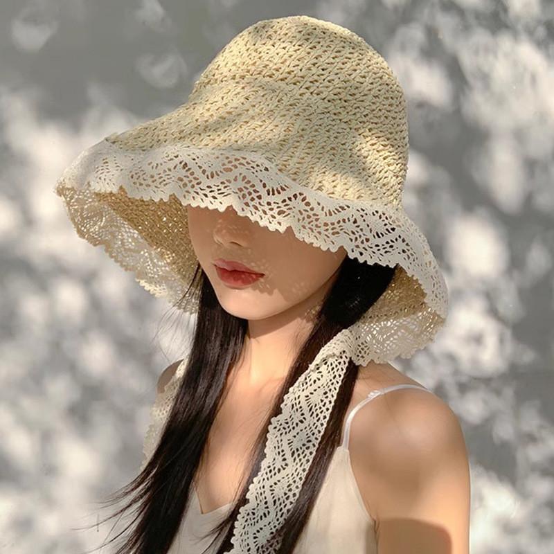 French Lace Trim Sun Hat For Women Summer Foldable Wide Brim Sun Protection Fashion Casual