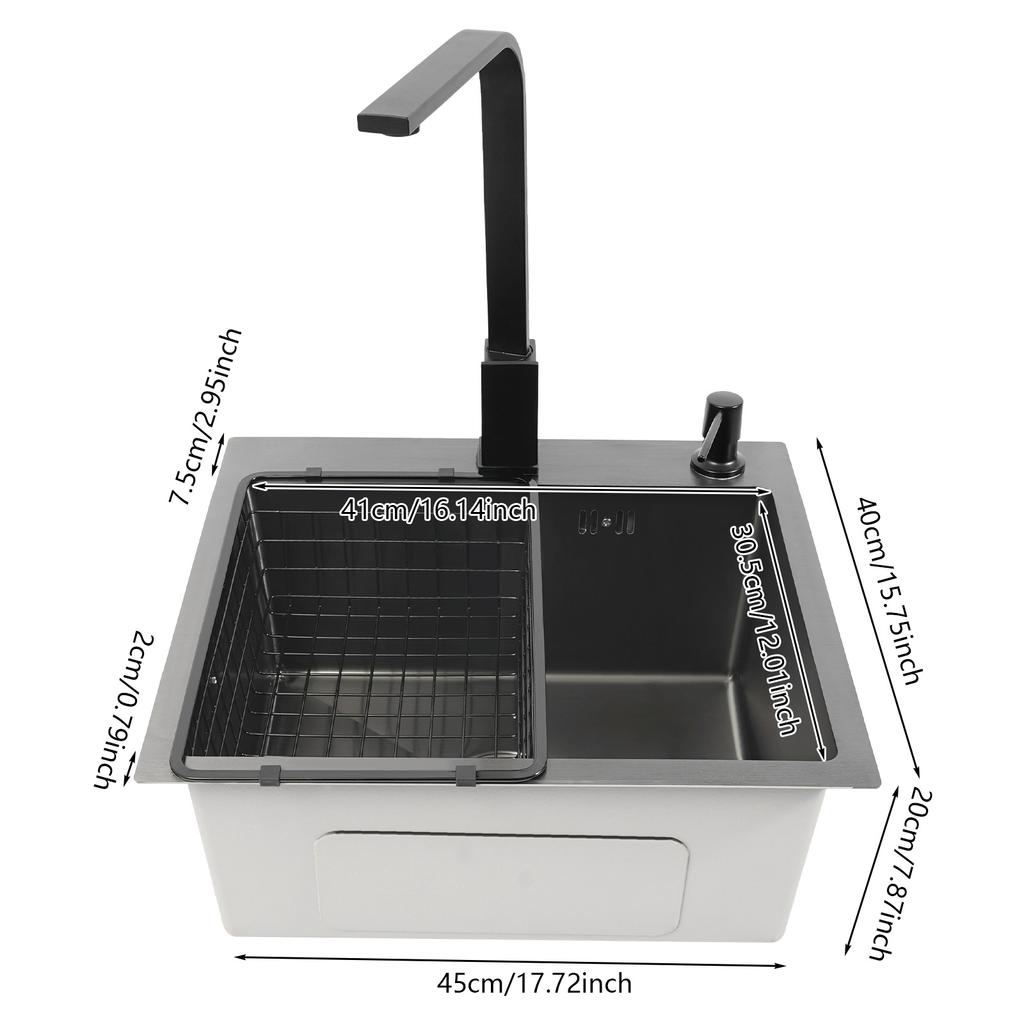 16x12 Inch Stainless Steel Kitchen Sink – 201 Stainless Steel with Nano Coating – Complete Set with Faucet, Soap Dispenser & Drain Basket – Black/Grey