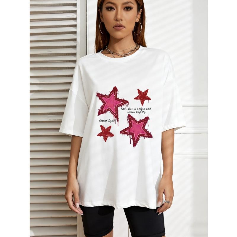 

White Oversized T Shirt With Pink Star Embroidery And Inspirational Text For Casual Wear XXXXL білий
