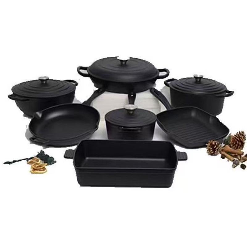 Emaljerat gjutjärn 7-delars set: Soppgryta, Mamma-gryta, Stekpanna, Non-stick-panna