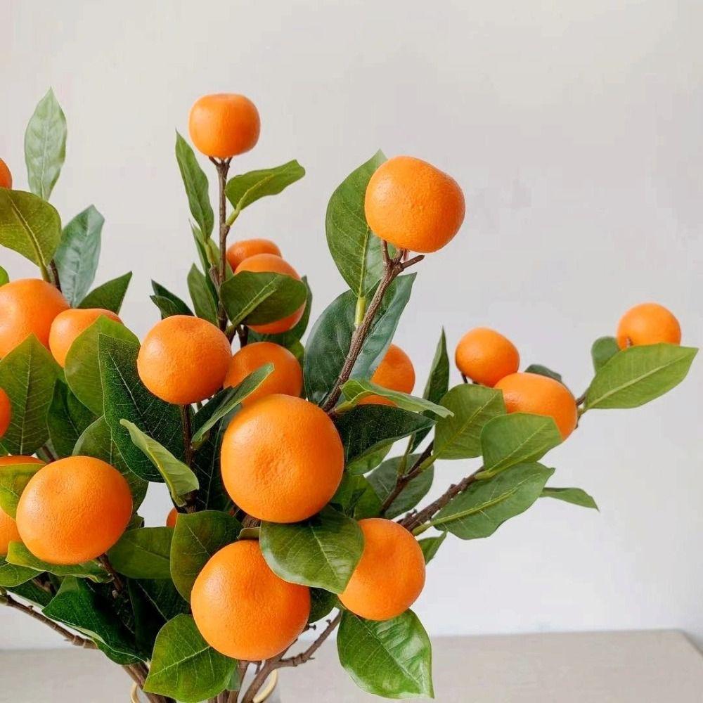 Plastic Realistic Imitation Fruit Stem Green Leaves Simulation Orange  Wall Hanging Decor