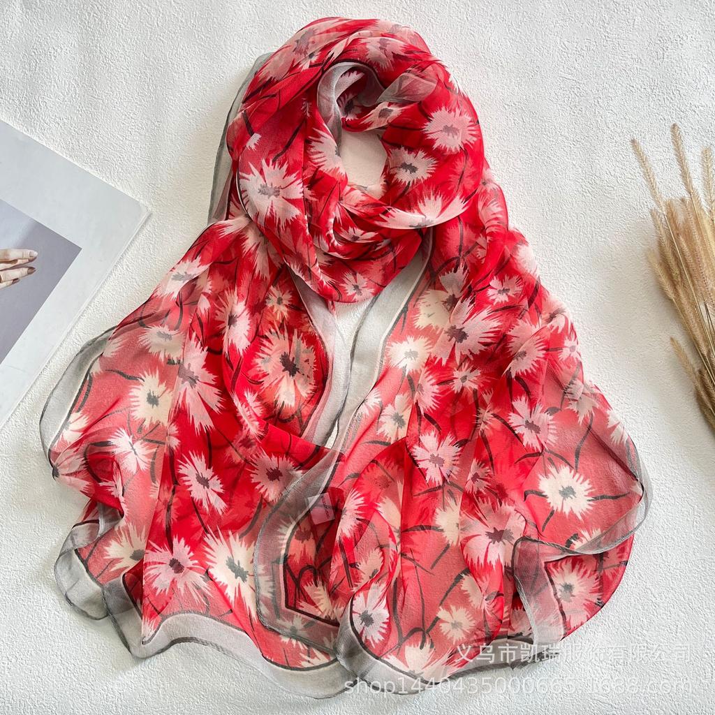 Neuer Sonnenschutz Langer Seidenschal Mohnblume Dünne Imitationsseide Frühling und Sommer Georgette Dekoration Damen Bedruckter Schal