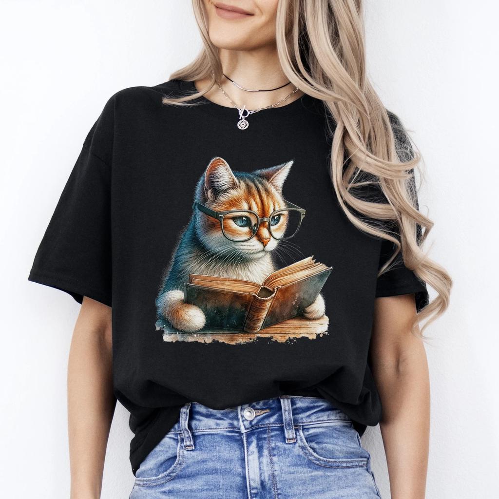 Cat reading book T-Shirt Reader book worm reading teacher Unisex tee Black Navy