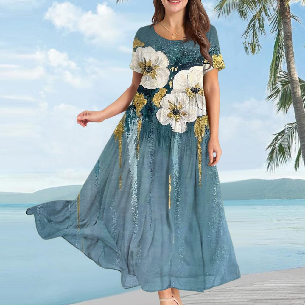 Women's Casual Loose Bohemian Floral Print Short Sleeve Dress