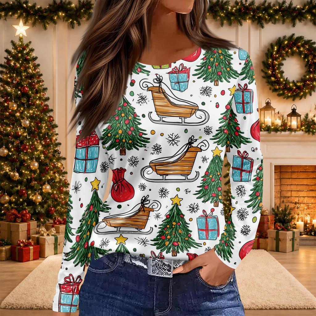 Women's Christmas Print Long Sleeve Top with Round Neck and Side Slit