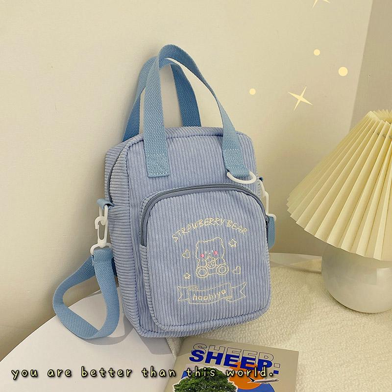 

Women Corduroy Crossbody Bags Cute Bear Transparent Design Canvas Zipper Shoulder & Messenger Bag Phone Money Handbags For Girls