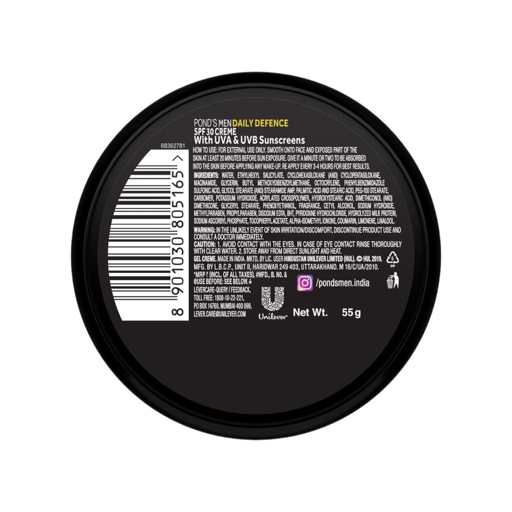 Pond's Men Daily Defence SPF 30 Face Crème For Normal Skin 55g Non-Greasy Sun Protection Moisturizer For Men Pack Of 1