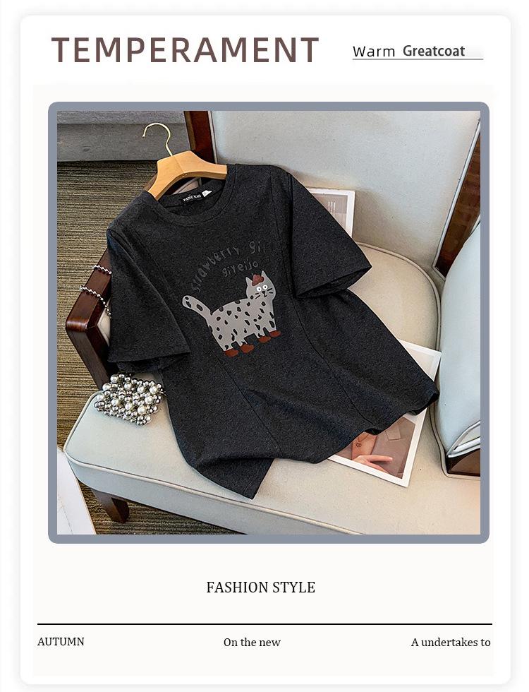 2025 Winter Women's Plus Size Thick Cotton Short Sleeve with Cat Print, Round Neck, Versatile and Extra Large Fit