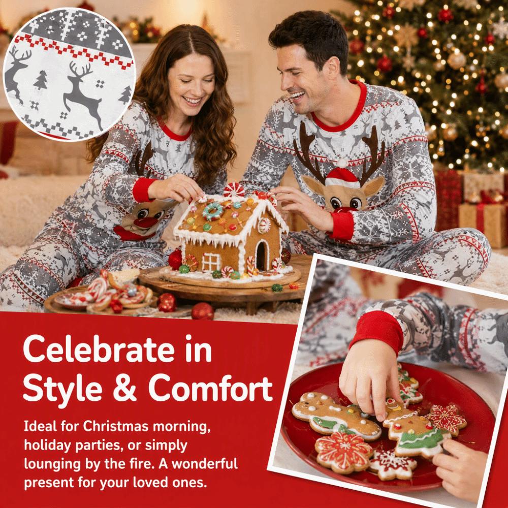Xmas Deer Christmas Pyjamas Set Long Sleeve Top+Pants Soft Adult Kids Loungewear  Sleepwear