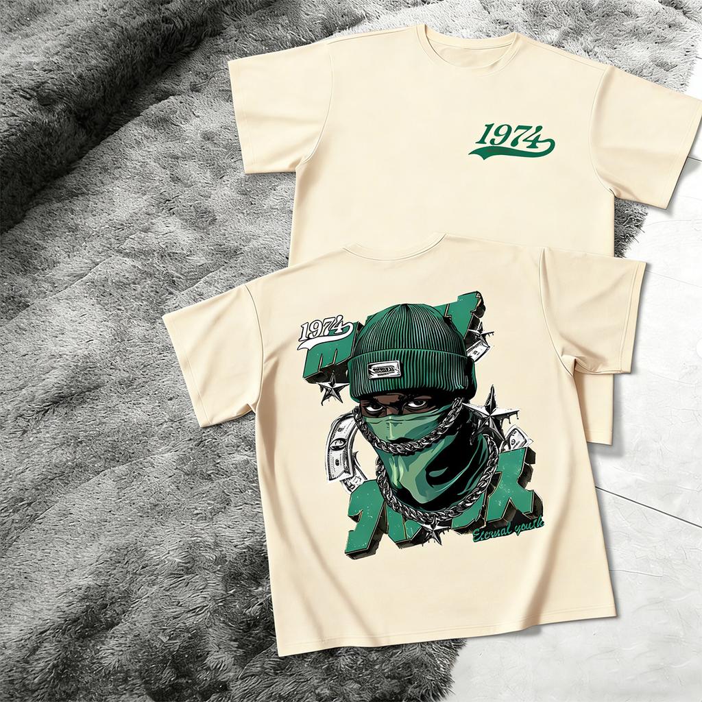 Street Hip-Hop Style Short-Sleeve T-Shirt with Money, Stars, and Masked Man Print – Trendy Couple T-Shirt