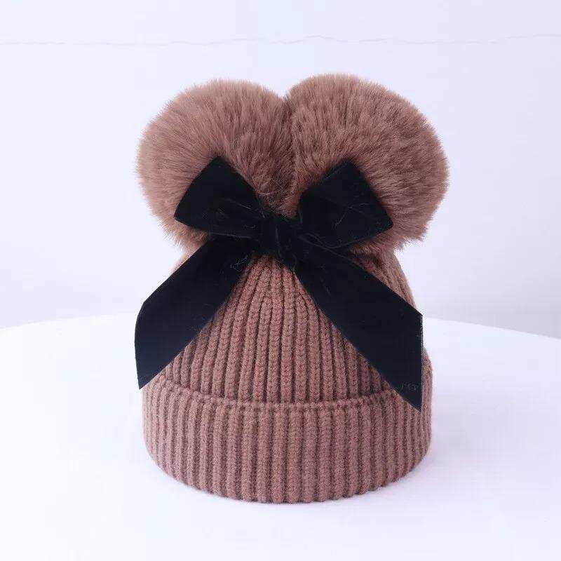 Детские зимние теплые шапки для младенцев с двойными помпонами и бантом, вязаные шапки-бини коричневый