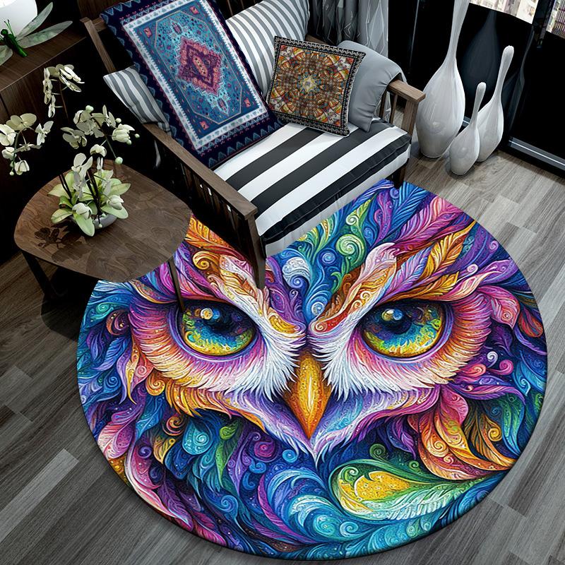 Colorful Owl Round Area Rug,Carpet Rug for Living Room Bedroom Sofa Playroom Decor,Non-slip Floor Mat