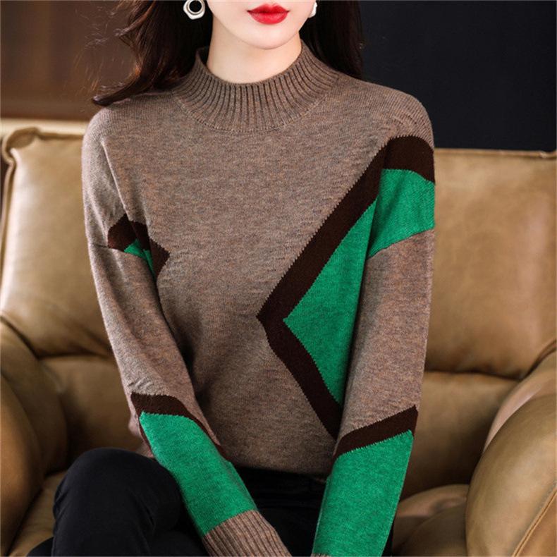 Thickened Women's Autumn Winter Edition Color Block Knitted Half High Neck Sweater