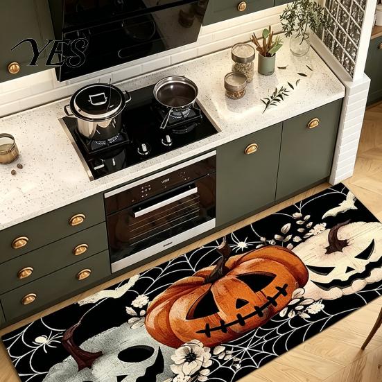 Halloween Themed Floor Rug Kitchen Rug, Pumpkin Bat Black Cat Non-slip Mat, Slip-resistant Mat Spooky Entrance Festive Decorative for Bedroom