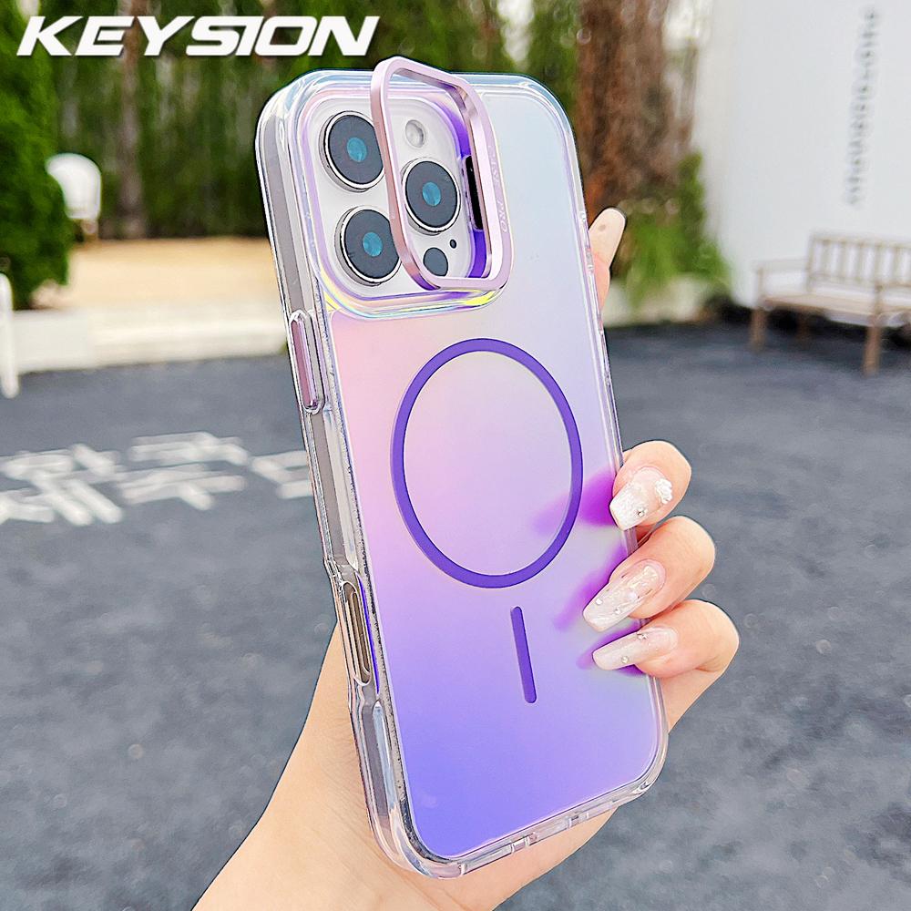 KEYSION Colorful Gradient Magnetic Lens Stand Case for iPhone 11 12 13 Pro Max for MagSafe TPU+PC Shockproof Back Cover