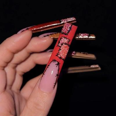 24 Teile/satz Schnelle Nägel Extra Lange Französisch Ballett Maniküre Aufkleber Warme Farbe Plaid Gefälschte Nägel Tragbare Maniküre DIY Fertige Nagel Aufkleber