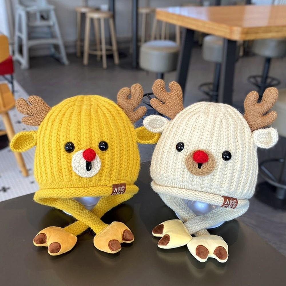 Cartoon Reindeer Pattern Ear Protection Hat Knitted Thicken Winter Warm Cap Warm Soft Kids Earmuffs Cap