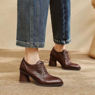 Fashion 2025 New Autumn Women Shoes Round Toe High Heels Genuine Leather Chunky Heel Women Pumps Retro Lace Up Black Shoes for Women