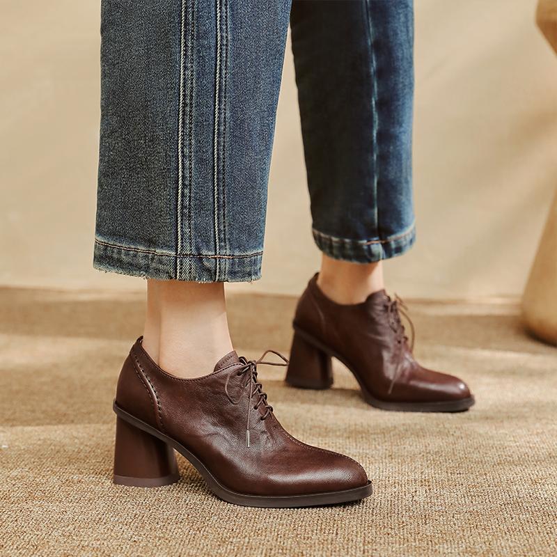 Fashion 2025 New Autumn Women Shoes Round Toe High Heels Genuine Leather Chunky Heel Women Pumps Retro Lace Up Black Shoes for Women