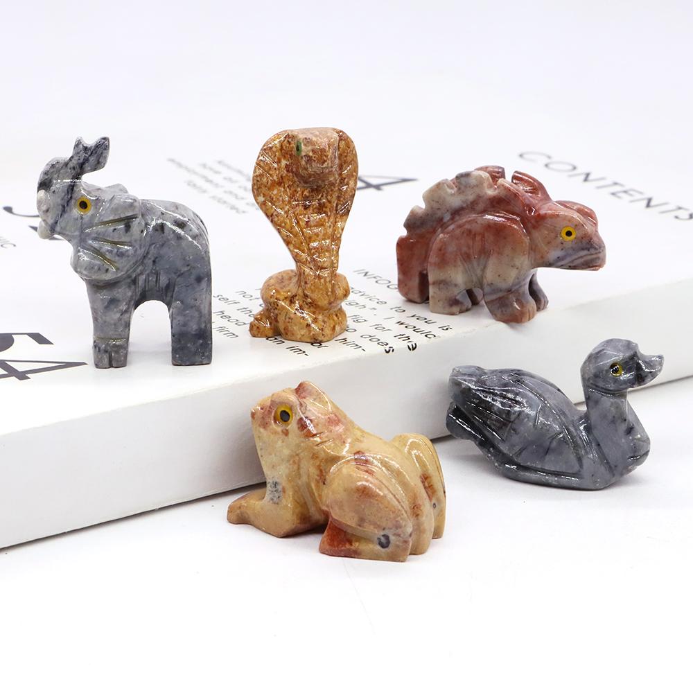 Mini Animals Frog Figurine Ornament Natural Shoushan Stone Carving Healing Crystal Fish Dinosaur Statue Room Desk Crafts Decor