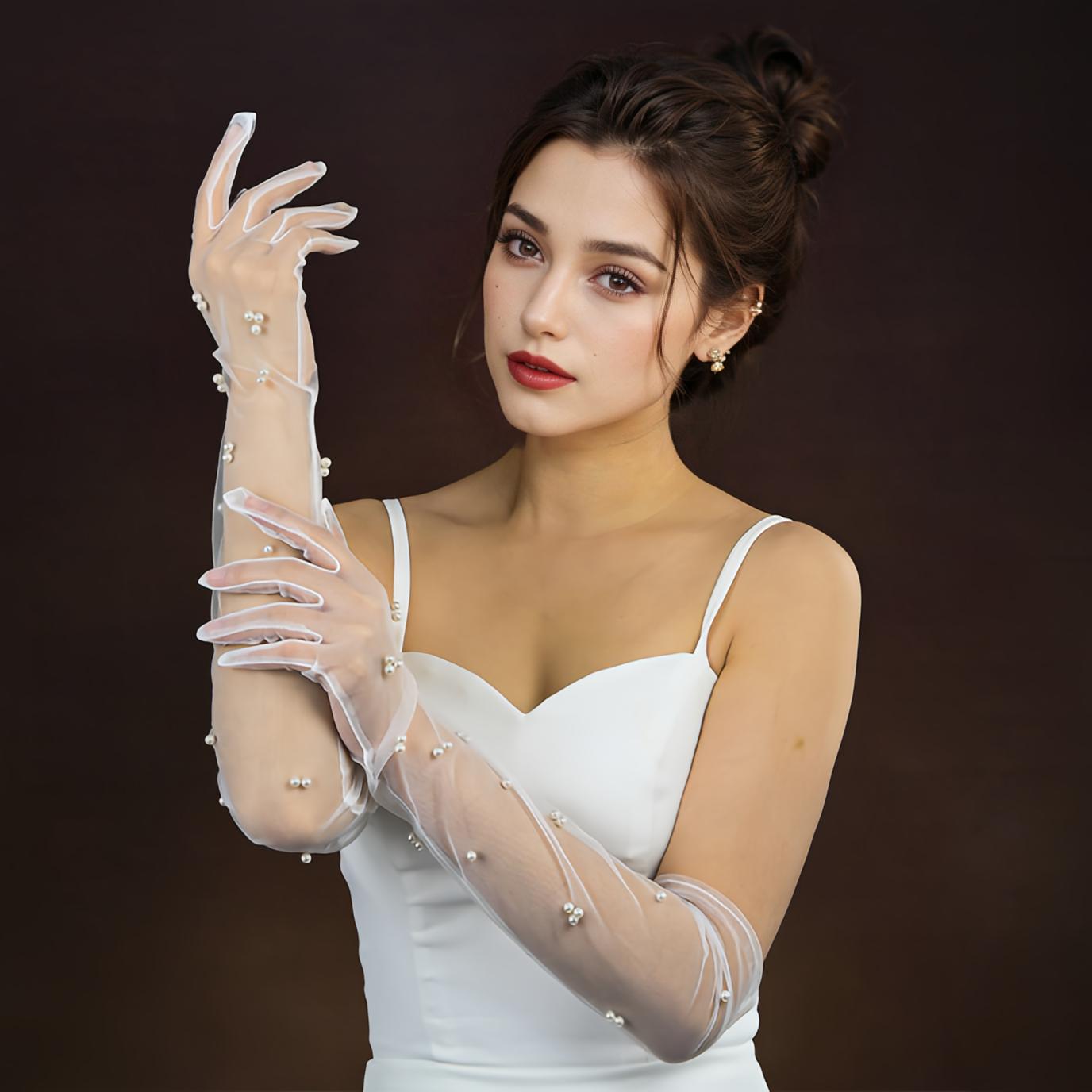 

Винтажные прозрачные свадебные перчатки с жемчугом, длинные варежки до локтя, сетчатые нарукавники, женские вечерние аксессуары для свадебного платья, фото VPM07