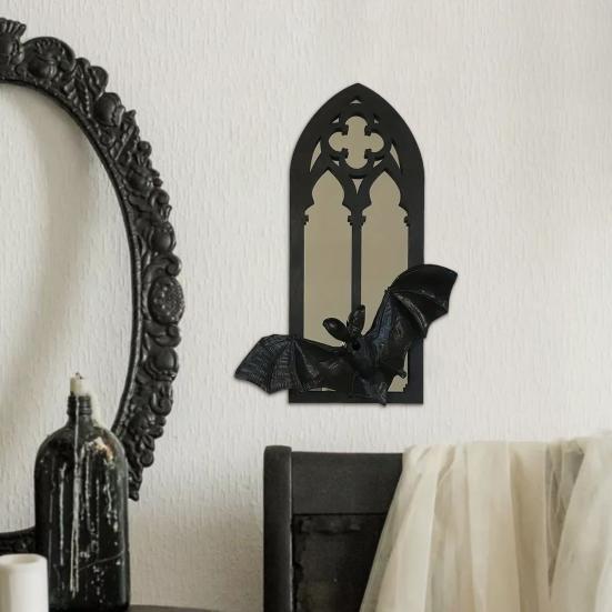 Gothic Cathedral Window Mirror Vintage Baroque Wooden Black Bat Mirror Home Office Living Room Bedroom Bathroom Decorative Wall Mirror
